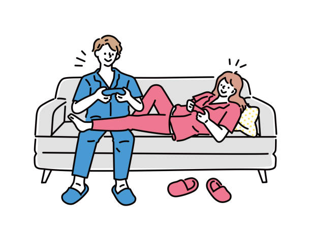 ilustrações, clipart, desenhos animados e ícones de ilustração de um homem e uma mulher jogando em um jogo (relaxante, descansando, feriados, roncando, casal, casal, estilo de vida, felicidade) ilustrações de homens e mulheres jogando jogos. relaxe, descanse, feriados, casais, estilos de vida, felicidad - rumbling