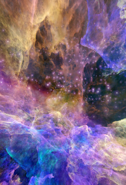 istock Galaxy exploration through outer space 3D rendering illustration. Colourful nebulas, galaxies and stars in deep space, glowing gases and energy 1370519848