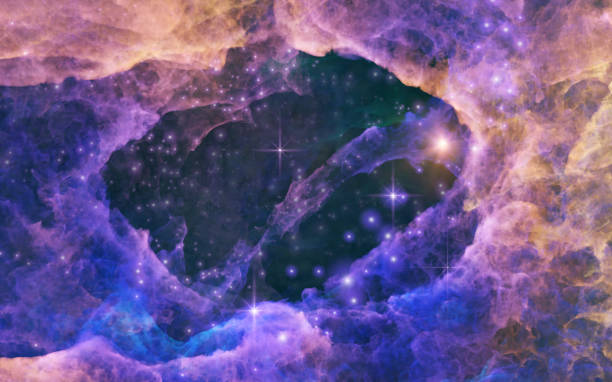 istock Galaxy exploration through outer space 3D rendering illustration. Colourful nebulas, galaxies and stars in deep space, glowing gases and energy 1370519851