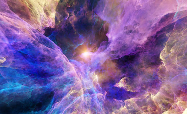 istock Galaxy exploration through outer space 3D rendering illustration. Colourful nebulas, galaxies and stars in deep space, glowing gases and energy 1370520425