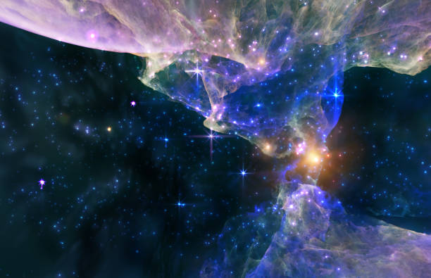 Galaxy exploration through outer space 3D rendering illustration. Colourful nebulas, galaxies and stars in deep space, glowing gases and energy