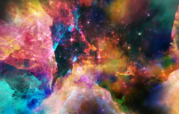 Galaxy exploration through outer space 3D rendering illustration. Colourful nebulas, galaxies and stars in deep space, glowing gases and energy stock photo