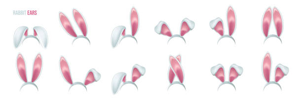 Rabbit ears realistic 3d vector illustrations set. Easter bunny ears kid headband, mask collection. Hare costume pink cartoon element. Photo editor, booth, video chat app color isolated clipart Rabbit ears realistic 3d vector illustrations set. Easter bunny ears kid headband, mask collection. Hare costume pink cartoon element. Photo editor, booth, video chat app color isolated clipart. bunny ear stock illustrations