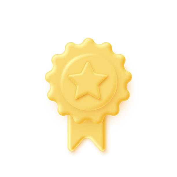 istock Yellow 3d stamp with ribbon and star isolated on white background. Luxury golden seal. Vector design element. 1370520924