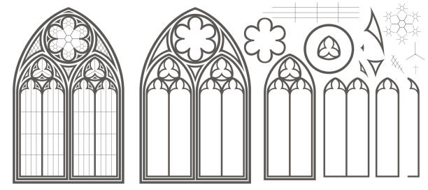 illustrations, cliparts, dessins animés et icônes de ensemble vectoriel de vitrail gothique médiéval - inside of indoors castle column