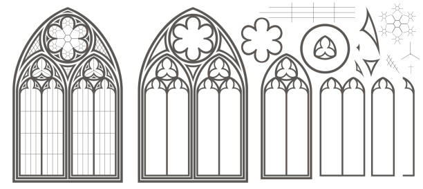 illustrazioni stock, clip art, cartoni animati e icone di tendenza di set vettoriale di vetrate in vetro colorato gotico medievale - cathedral church inside of indoors