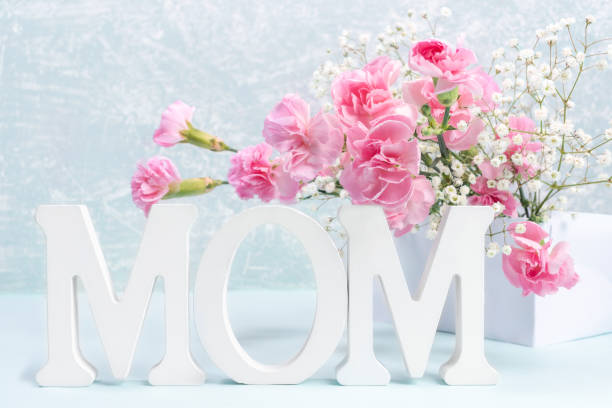 Mother's Day card with white letters MOM, pink carnations and gypsophila flowers on light grey. Mother's Day composition with white wooden letters MOM close up and gentle pink carnation and gypsophila flowers on white stand on light grey background. Holiday greeting card. mothers day horizontal close up flower head stock pictures, royalty-free photos & images