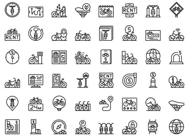 ilustraciones, imágenes clip art, dibujos animados e iconos de stock de los iconos de bicicletas compartidas establecen el vector de contorno. estación de bicicletas - bikeshare