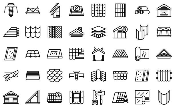 Install the roof icons set outline vector. Safety builder Install the roof icons set outline vector. Safety builder. Home construction Installing stock illustrations