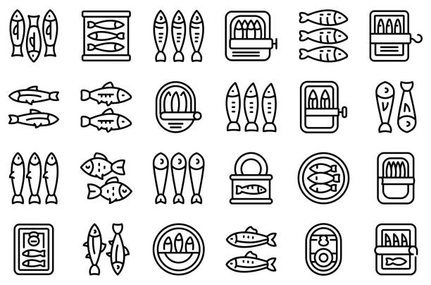 ilustraciones, imágenes clip art, dibujos animados e iconos de stock de los iconos de sardina establecen el vector de contorno. lata de pescar - minnow