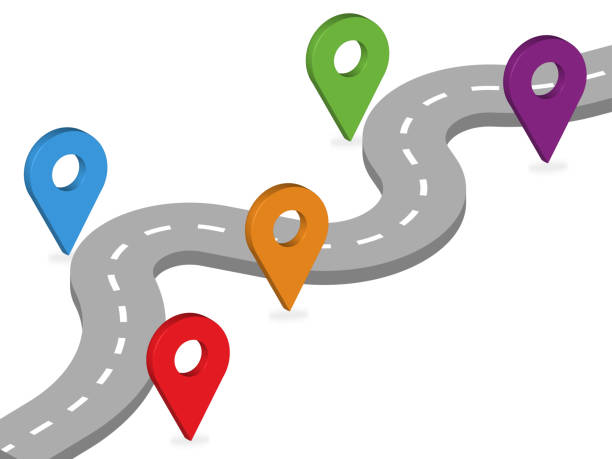 istock Global logistics network concept. The gray road with five geolocation icons on white background. Logistic template  for your web site design, logo, app, UI.  3D.  Vector illustration EPS10. 1370522546
