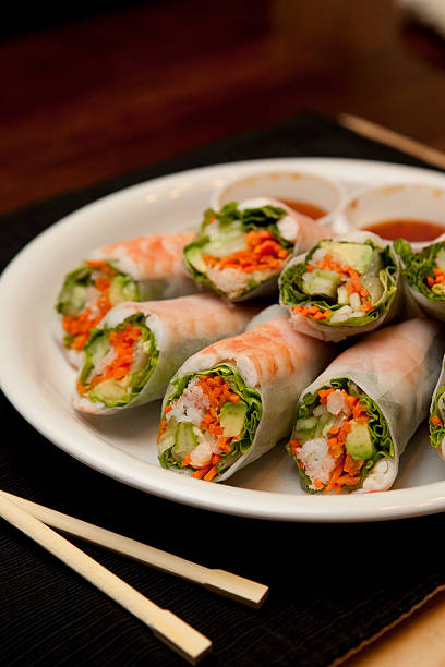 istock Plate of spring rolls and sauce 137052419
