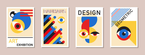 abstrakte moderne bauhaus-plakate. minimale schweizer retro-kunst design-gemälde vorlagen mit geometrischen formen, augen. vektorillustration in einfacher vintage-postmoderne für business-broschüre, zertifikat - swiss culture illustrations stock-grafiken, -clipart, -cartoons und -symbole