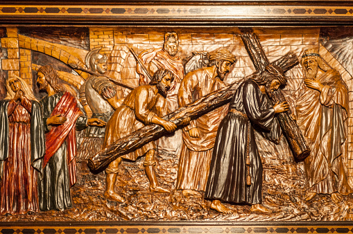 Detail of the wood carving of a scene of the passion of Christ of the float of Christ of the brotherhood of \