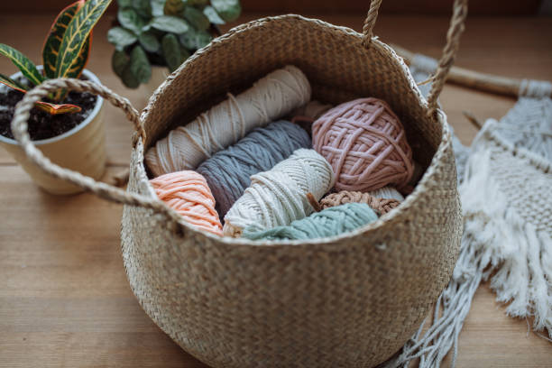 istock Flatley of products from macrame threads on a wooden background 1370526177