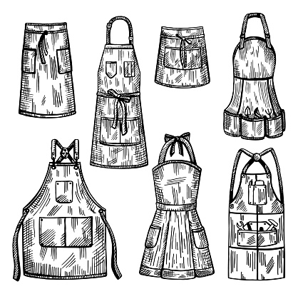 Set aprons sketch isolated. Chef inventory, housewife,barista, handyman, gardener in hand drawn style. Engraved design for poster, print, book illustration,icon, tattoo. Vintage vector illustration.