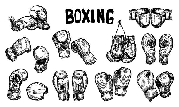 illustrations, cliparts, dessins animés et icônes de mettez des gants de boxe accrochés à un croquis de titre isolé. équipements sportifs pour la boxe dans un style dessiné à la main. - boxing glove sports glove isolated old