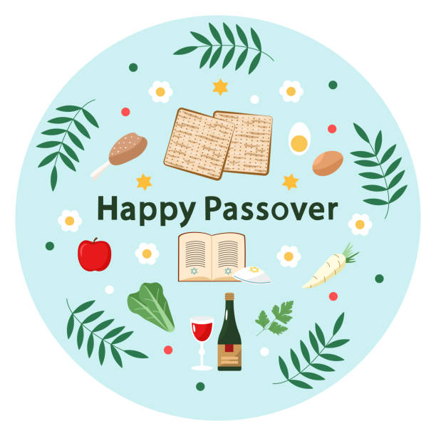 glückliche pessach-inschrift. traditionelles set für den jüdischen feiertag. sammlung von bildern von seder, wein, matze, essen, davidstern. vektor - passover stock-grafiken, -clipart, -cartoons und -symbole