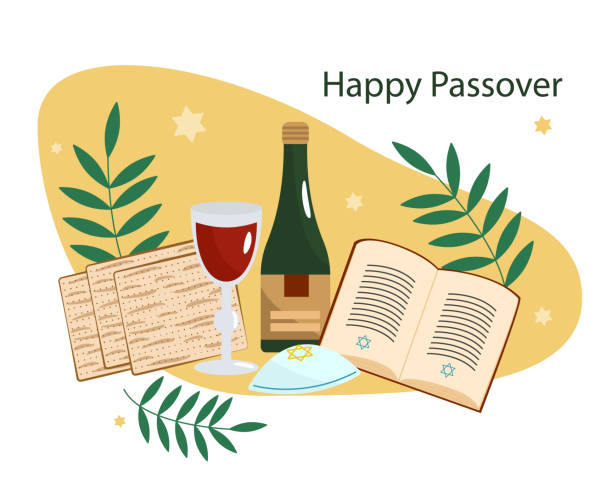 해피 유월절 휴가. 인사말 카드. 와인과 레드 와인 4 잔. 마차는 유월절을 위한 전통적인 유대인 빵입니다. 세더 () - passover seder wine matzo stock illustrations