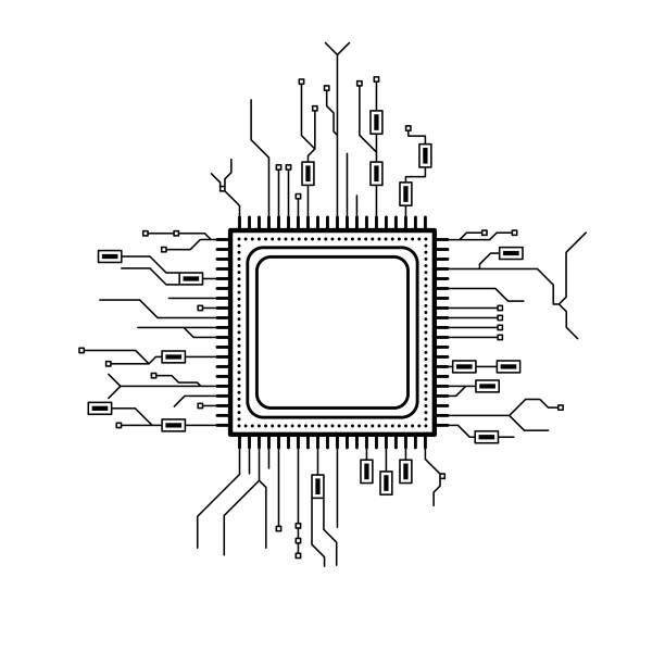 абстрактный черный простая линия процессор, компьютер, технология doodle контур элемент векторный дизайн стиль эскиз изолированный на белом � - компьютерная микросхема stock illustrations