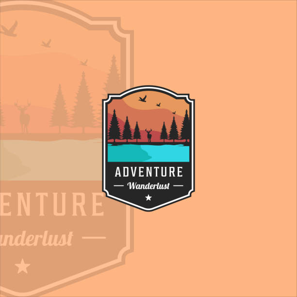 outdoor wildlife emblem  vector illustration template icon graphic design. adventure vintage sign or symbol with lake pines deer and duck label concept