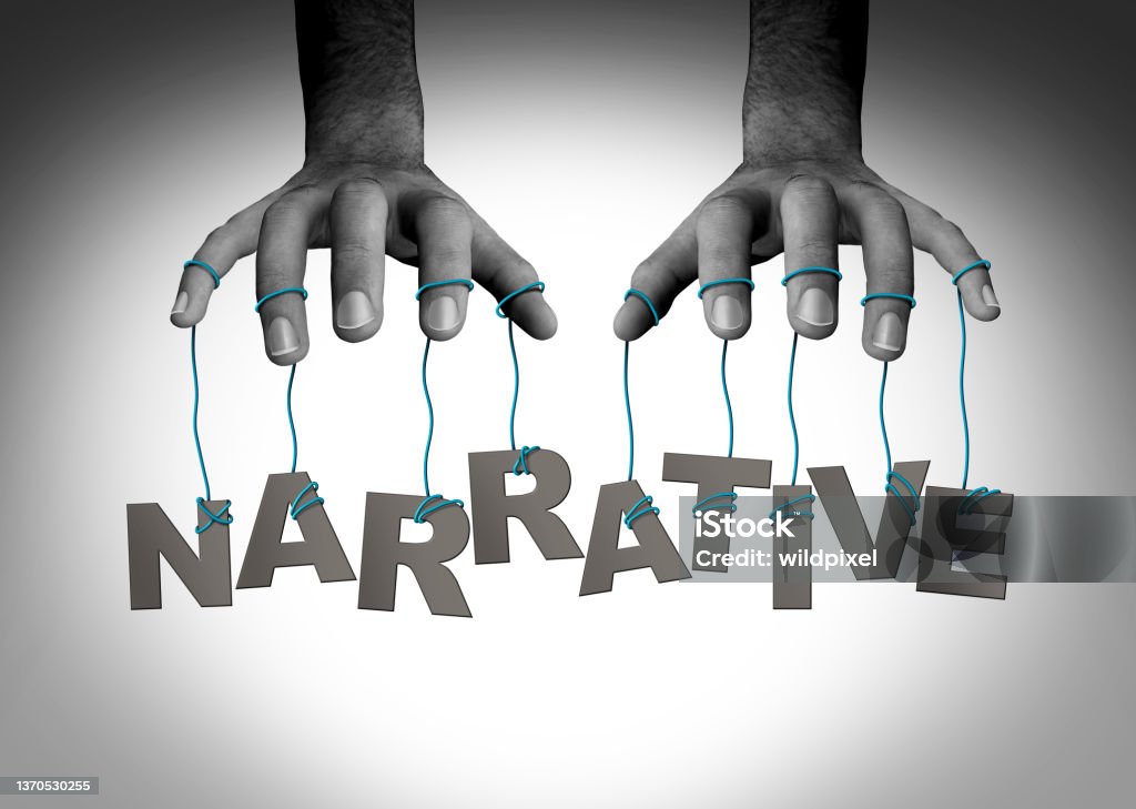 Controlling The Narrative Controlling the narrative media manipulation or directing the conversation as censorship or political persuasion to control the story as a symbol of a powerful puppet master in a 3D illustration style. Misinformation Stock Photo