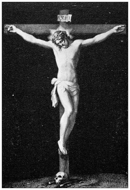 Antique religious painting: Jesus on the cross by Michelangelo