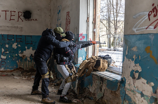 KYIV, UKRAINE - Feb. 12, 2022: Territorial defense exercises amid the threat of a Russian military invasion of Ukraine. Military exercises for civilians in Kyiv, Ukraine