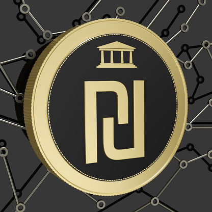 3d render. Gold coin CBDC  on black background  with the network. Digital Currency of the Central Bank.