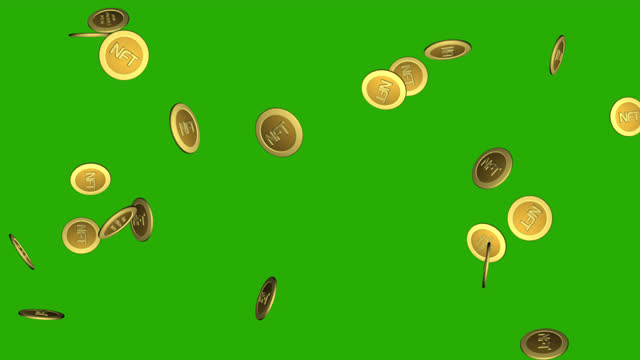 Animation of money with NTF coins token. Gold coins NFT falling down and rotation on green screen. 3D Non-refundable token. NFT cryptocurrency gold coins falling. Business concept. 4K. Alpha channel