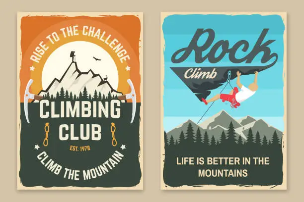 Vector illustration of Set of climbing retro posters. Vector. Concept for shirt or logo, print, stamp or tee. Vintage typography design with ice axe, climber and mountain silhouette.