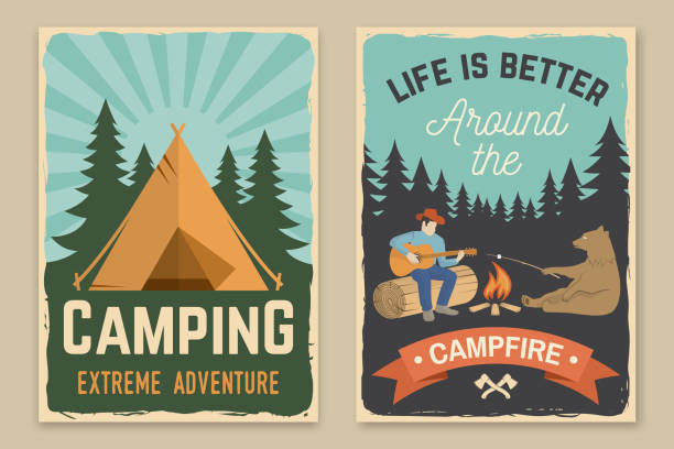 illustrazioni stock, clip art, cartoni animati e icone di tendenza di set di poster retrò da campeggio. vettore. concetto per camicia o stampa, timbro, badge di viaggio. design tipografico vintage con tenda camper, pentola sul fuoco, ascia, montagna, uomo con silhouette di chitarra. - campeggiare