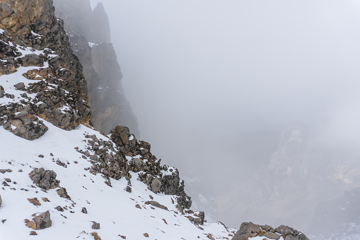 Sunny day in a snowy mountain, Passo San Pellegrino - Italy.