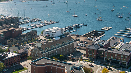 Aerial shot of Newport, Rhode Island on a sunny day in Fall.