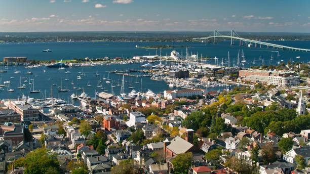 Marina in Newport, Rhode Island - Aerial Aerial shot of Newport, Rhode Island on a sunny day in Fall. rhode island stock pictures, royalty-free photos & images
