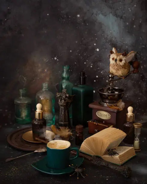 Magic elixir and wizards wand with owl.