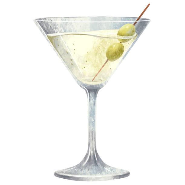 ilustraciones, imágenes clip art, dibujos animados e iconos de stock de ilustración un vaso de martini con dos aceitunas en un pincho - martini