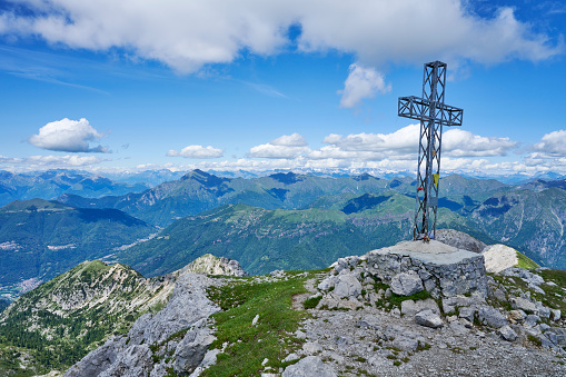 Metal crucifix on the top of Northen Grigna. Province of Lecco. Lombardy. Italy.