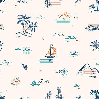 Vacation Theme. Summer Seascape Seamless Pattern. Palm trees, Islands, Sea waves, Sailboats, Tropical Plants and Sunny Dawn. Vector illustration