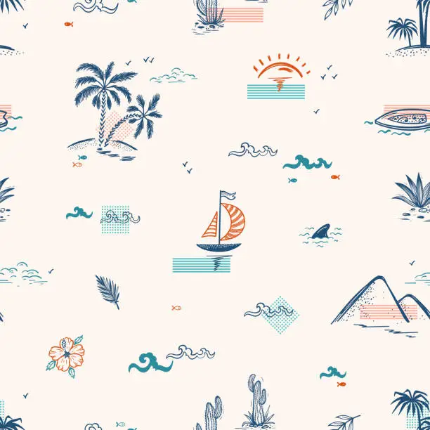 Vector illustration of Vacation Theme. Summer Seascape Seamless Pattern. Palm trees, Islands, Sea waves, Sailboats, Tropical Plants and Sunny Dawn. Vector illustration