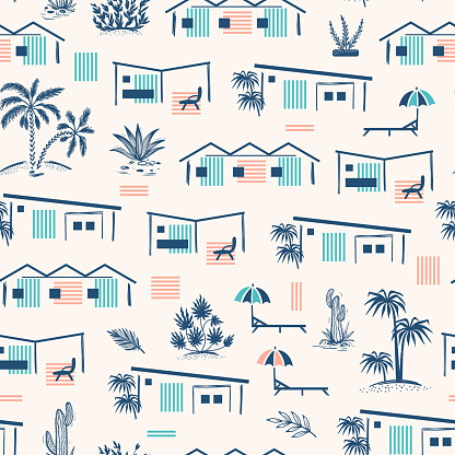 Summer Vacation Theme Vector Seamless Pattern. Seaside Holiday Homes, Beach Buildings, Palm Trees and Tropical plants.