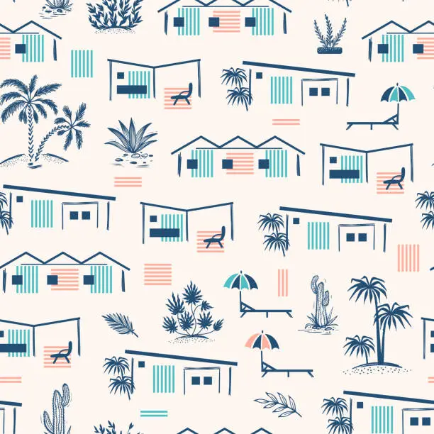 Vector illustration of Summer Vacation Theme Vector Seamless Pattern. Seaside Holiday Homes, Beach Buildings, Palm Trees and Tropical plants.