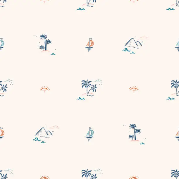 Vector illustration of Vector Vacation Theme. Summer Seascape Seamless Pattern. Palm trees, Islands, Sea waves, Sailboats, Tropical Plants and Sunny Dawn