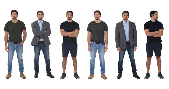 same men with various outfits on white background
