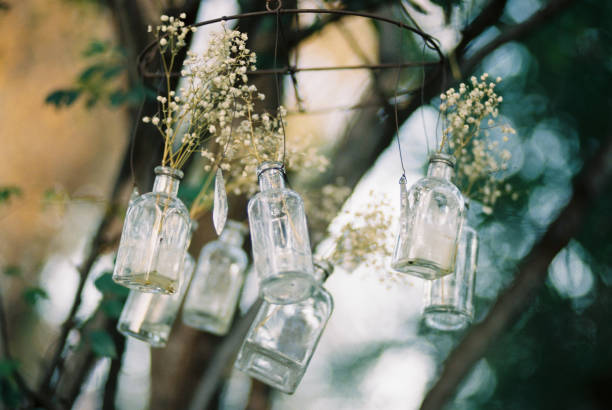 istock Antique Medicine Jars Holding Baby's Breath Hanging in a Tree 1370538731