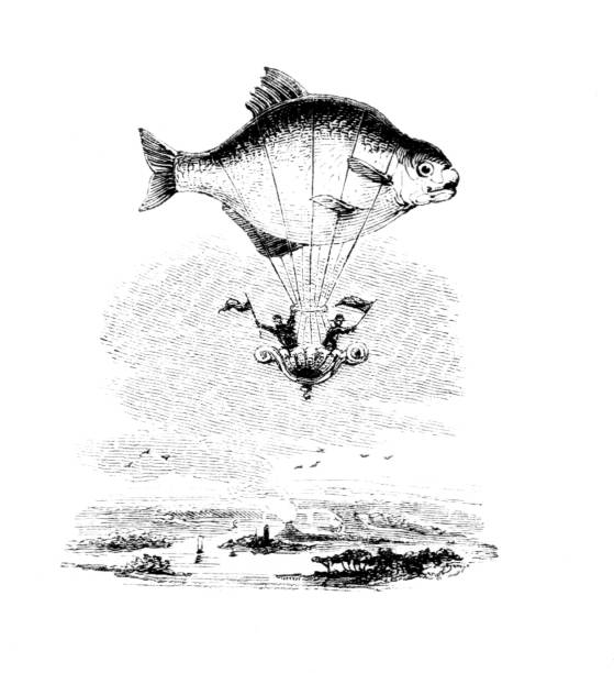 호수 위에 떠있는 판타지 물고기 모양의 열기구 - 판화 제작물 stock illustrations