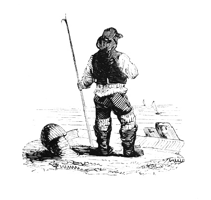 A whaler holding a harpoon stands on a pier and looks out to sea.  Illustrations are Wood-Engravings published in London, England, in an 1841 nonfiction book about fish. Copyright has expired and is in Public Domain.