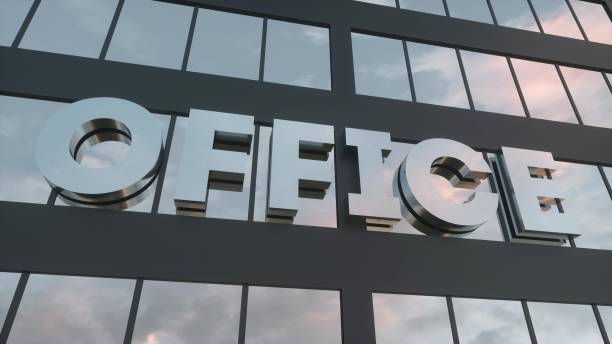 istock Office sign on a modern glass skyscraper. Office glass building. 3d rendering 1370539511