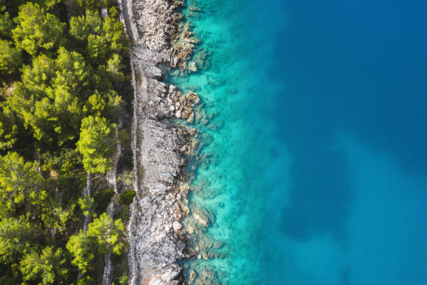 Aerial view on rocky coastline on Hvar island (Croatia). Drone point of view.