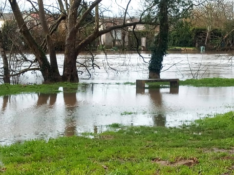 Photograph of a flooded promenade landscape with a bench